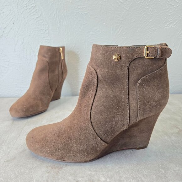 Tory Burch Ankle Wedge Boots Size 8.5 Dark Brown Suede Old Money Dressy Booties - Picture 1 of 13